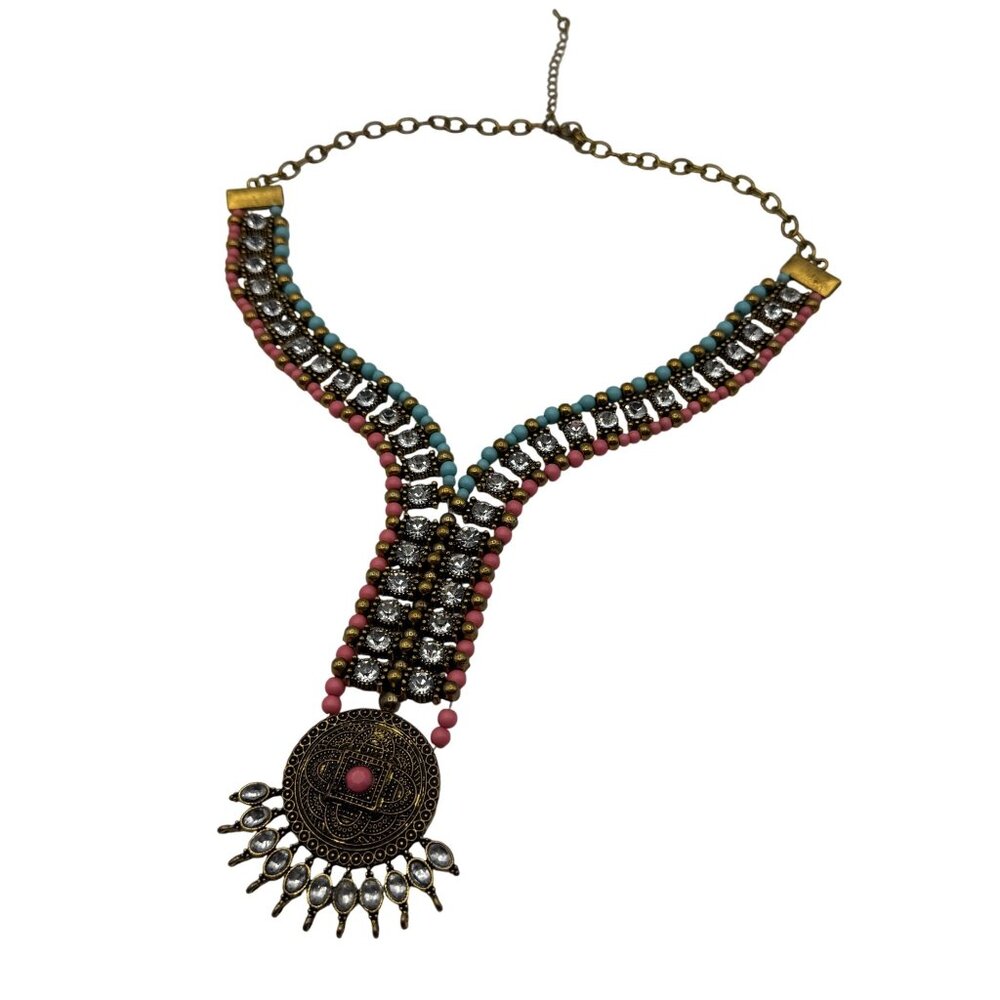 Multicolor Beaded Statement Necklace With Gold-Tone Chain & Intricate Pendant